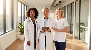 Three medical staff stand together in a hospital hallway, smiling at the camera.