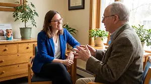 An older man wearing glasses is talking to a woman wearing glasses in a room with potted plants