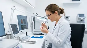 A woman in a lab coat examining something under a microscope in a modern medical lab