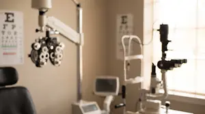 Medical equipment in an optometrist's office, including an eye exam machine, an eye chart on the wall, and a chair