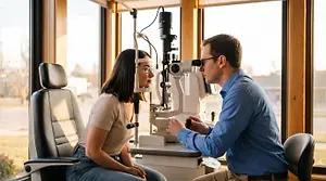 A young adult patient wearing trial contact lenses while an optometrist checks the fit with a slit lamp