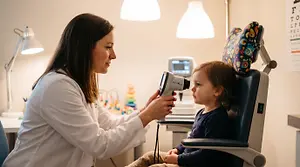 Child's eye measurement being taken with an axial length biometer in a pediatric optometry clinic