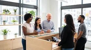 An older man and woman are standing behind a reception desk and are greeting a younger woman and man at a business office.