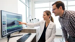 Female optometrist showing retinal OCT images on a computer monitor to an attentive patient