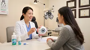 Female optometrist explaining contact lens care to a patient using a model eye in a bright clinic