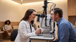 A woman doctor and a man patient look into an ophthalmoscope while the patient talks to the doctor