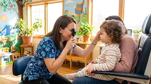 A woman with a young girl is sitting on a chair in a clinic with a female doctor examining the girl's eyes with a handheld ophthalmoscope.
