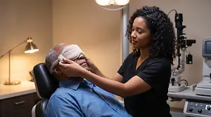 A woman is examining a patient's eyes in an office room.