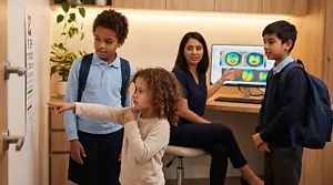 A young girl is pointing to an eye chart as a doctor and two other children look on