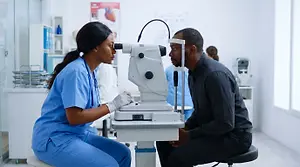 Woman in blue scrubs examining a man's eye in a medical setting