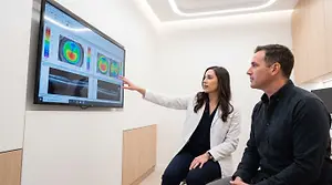 A woman in a white lab coat points to a monitor displaying eye scans while explaining to a seated man in a black shirt.