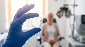 A doctor holding a contact lens in a medical office