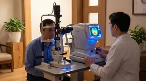 A doctor using a retinal imaging machine to examine a patient's eyes