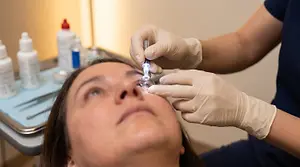 Optometrist placing a large scleral contact lens onto an adult patient eye using a plunger inserter in a clean medical clinic