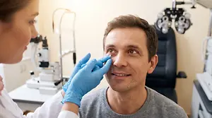 A man getting his eye examined by a doctor wearing gloves