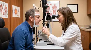 A man is looking at an eye chart while a woman in a white lab coat adjusts a machine behind him.