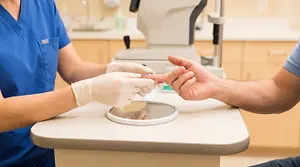 a doctor is giving a patient a contact lens in a clinic