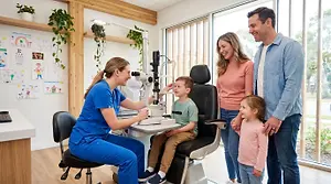 A smiling female optometrist is examining the eye of a boy in an exam room with his family looking on.