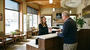 A smiling woman hands a paper to a man at a reception desk in a medical office.