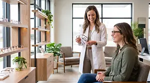 A woman with a white lab coat is showing a pair of glasses to another woman in an optometrist's office.