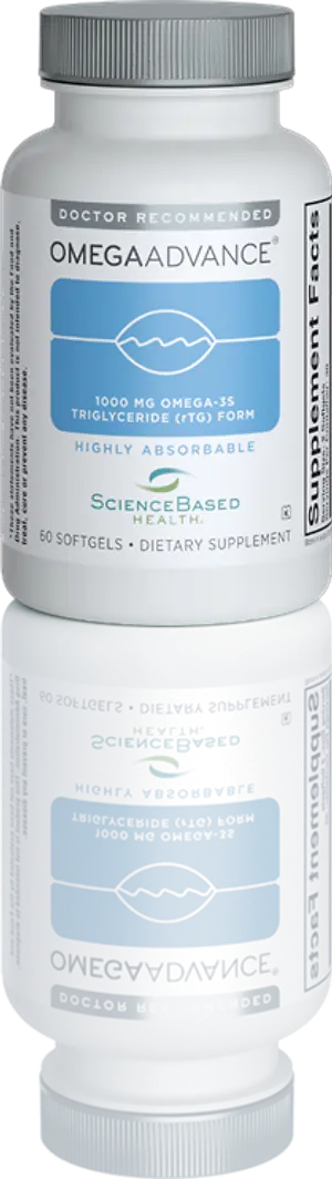 Omega Advance is a dietary supplement in a white bottle with blue labels that read "Doctor Recommended" and "Science Based Health". The label also reads "1000 mg Omega-3s Triglyceride (TG) Form Highly Absorbable". The product is a softgel and contains 60 servings.