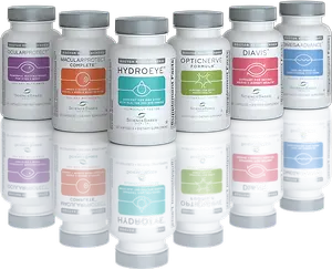 A row of white bottles with different labels like Ocularprotect, Macularprotect, Hydroeye, Opticnerve, and Diasis