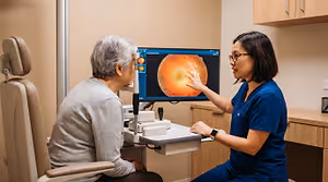 An elderly woman with white hair is sitting in a chair in front of an eye doctor, who is wearing a blue uniform and glasses and is pointing at a monitor displaying an eye image.