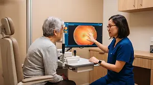 An elderly woman with white hair is sitting in a chair in front of an eye doctor, who is wearing a blue uniform and glasses and is pointing at a monitor displaying an eye image.