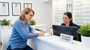 An adult female is filling out a form at the front desk of an optometrist office