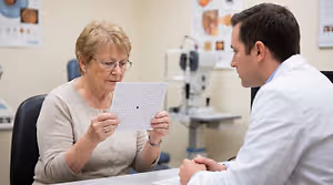 An elderly woman is having an eye exam by an optometrist in an office.