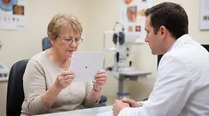 An elderly woman is having an eye exam by an optometrist in an office.