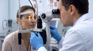 A doctor examining a patient's eyes with a slit lamp