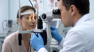 A doctor examining a patient's eyes with a slit lamp