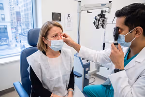 A doctor in a white coat and mask is examining a patient's eye using an ophthalmoscope in a clinic setting