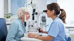 A woman is having her eyes examined by an optometrist in a clinic.