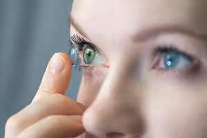 Close up of a woman putting on a colored contact lens in her eye
