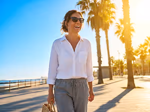 A smiling woman in a white shirt and gray pants is walking on a wooden deck with palm trees in the background.