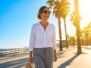 A smiling woman in a white shirt and gray pants is walking on a wooden deck with palm trees in the background.