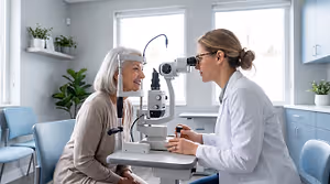 An older woman has her eyes examined by a female doctor