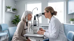 An older woman has her eyes examined by a female doctor
