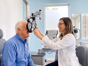 An older man is having his eye examined by an optometrist while sitting in a chair
