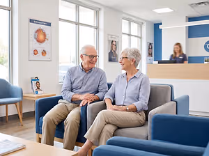 Senior couple talking in an office. The man is wearing glasses and the woman is wearing a watch.