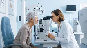 An older woman is having her eye examined by a female doctor in a clinic