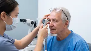 An older man having his eye examined by a woman in a mask in a medical clinic