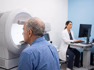 man having his eyes checked in a clinic
