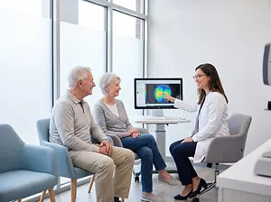 Senior patients sit with doctor, who explains a brain scan on a monitor