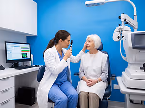 A doctor in a lab coat uses an ophthalmoscope to examine an elderly patient's eye in a medical office.