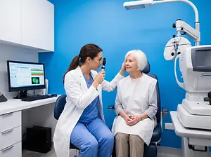 A doctor in a lab coat uses an ophthalmoscope to examine an elderly patient's eye in a medical office.