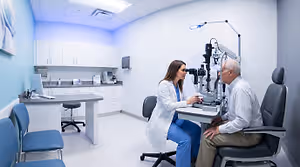 An optometrist examining a patient's eyes with an ophthalmoscope in an examination room