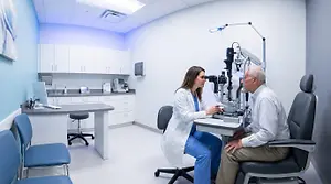 An optometrist examining a patient's eyes with an ophthalmoscope in an examination room